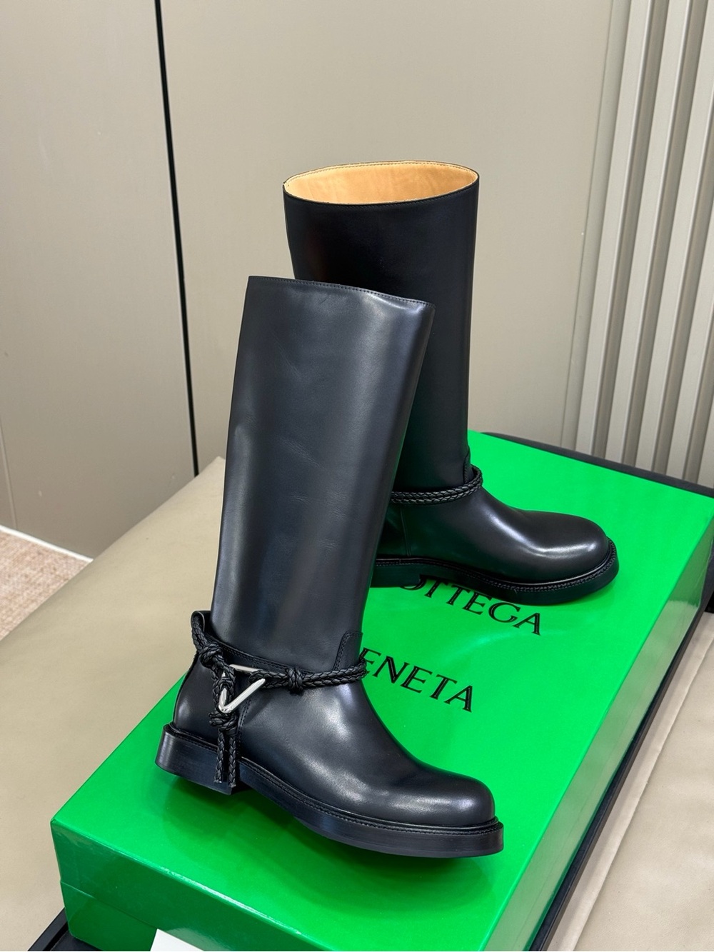Bottega Veneta Black Leather Mid-Calf Boots with Braided Rope Detail